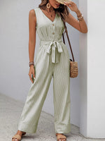 Striped Button-Front Tie Waist Wide Leg Jumpsuit