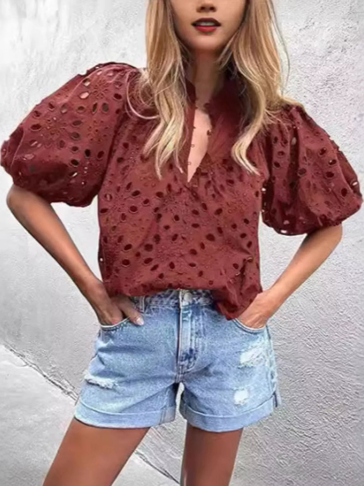 Eyelet Embroidered Puff Sleeve Blouse