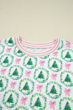 Christmas Tree Print Contrast Striped Banding 2pcs Lounge Set