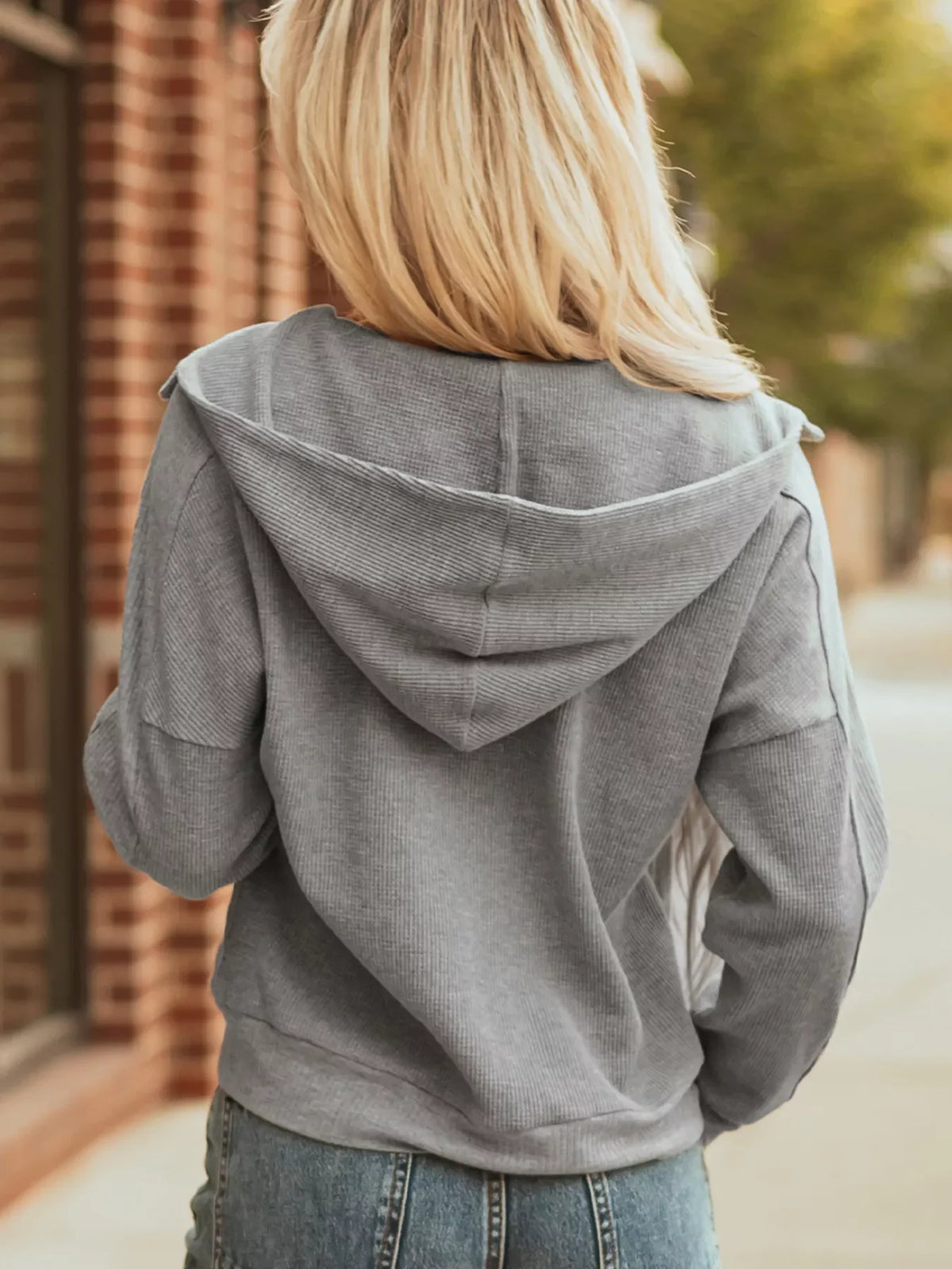 Waffle Splicing Zip Up Front Button Hooded Jacket