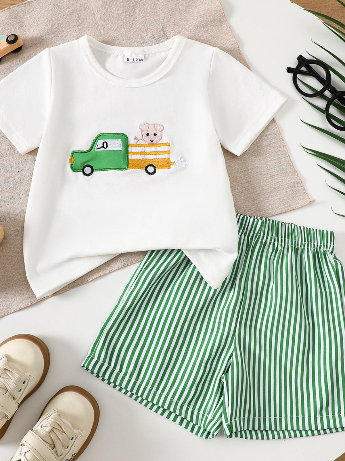 Children's Cartoon Tractor Embroidered Tee and Shorts Set