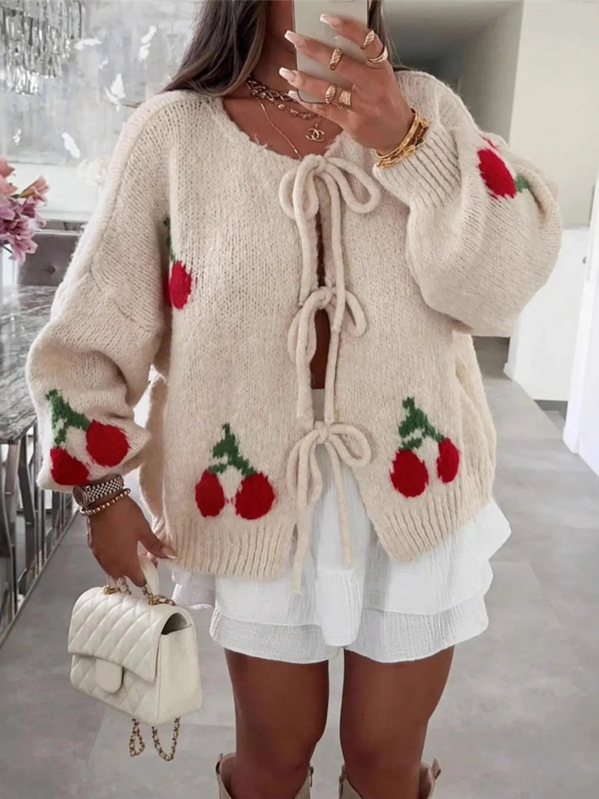 Cherry Pattern Tie-Front Oversized Cardigan