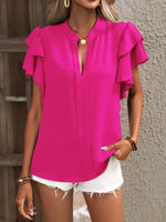 Ruffle Sleeve Notched Blouse