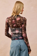 BiBi Flower Printed Mesh Lace Top with Thumb Opening
