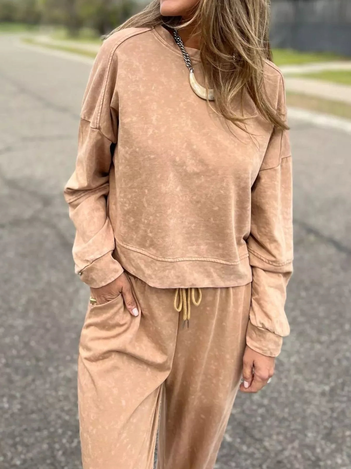 Full Size Washed Round Neck Top and Drawstring Pants Set Plus Size