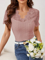Lace Scalloped V-Neck Eyelet T-Shirt
