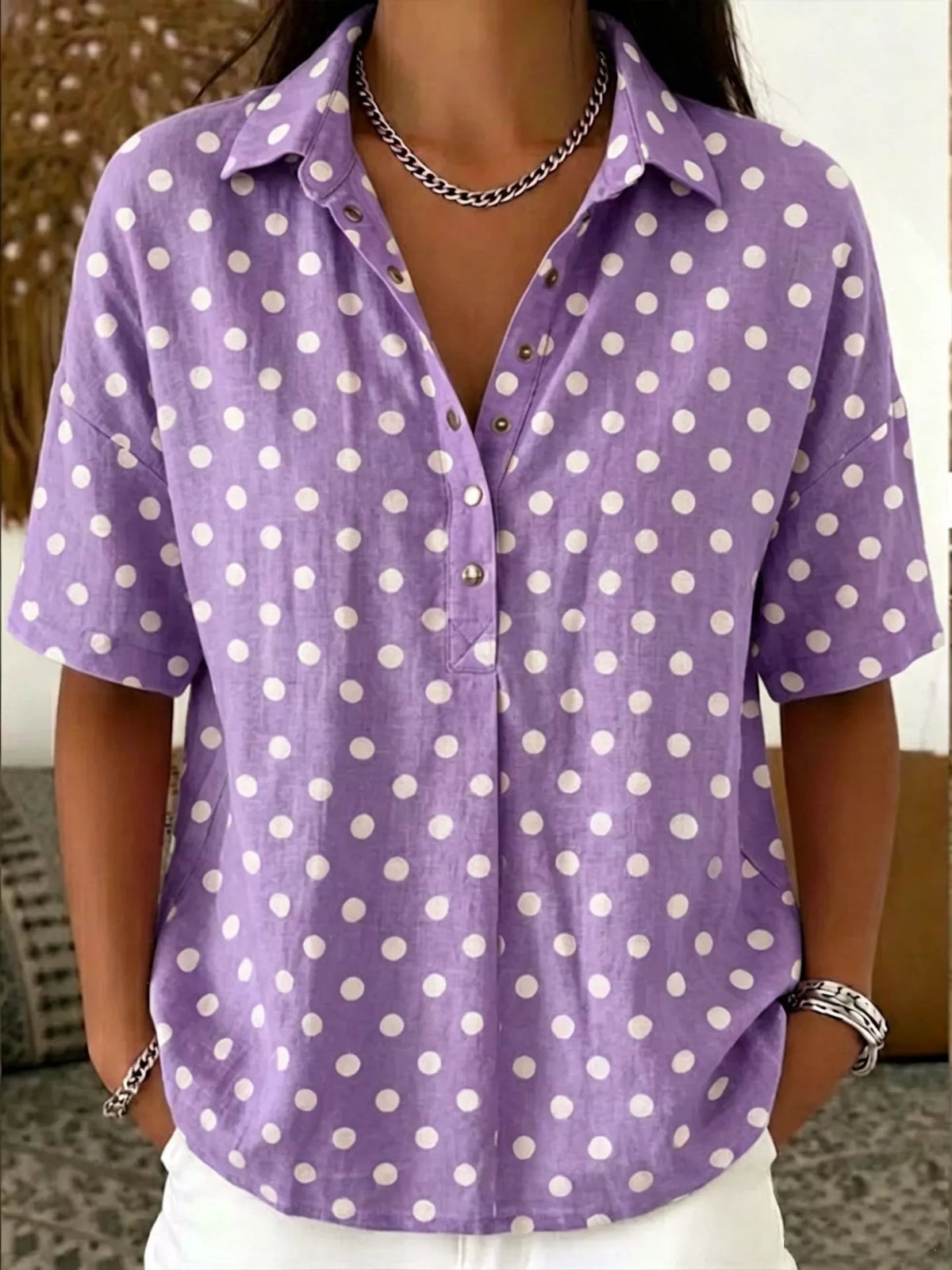 Full Size Polka Dot Short Sleeve Shirt Plus Size