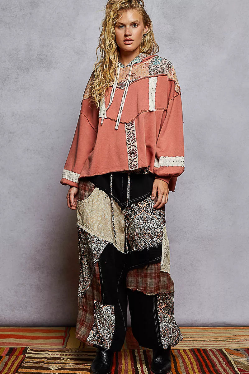 POL Drawstring French Terry Hoodie with Gauze Print Patch