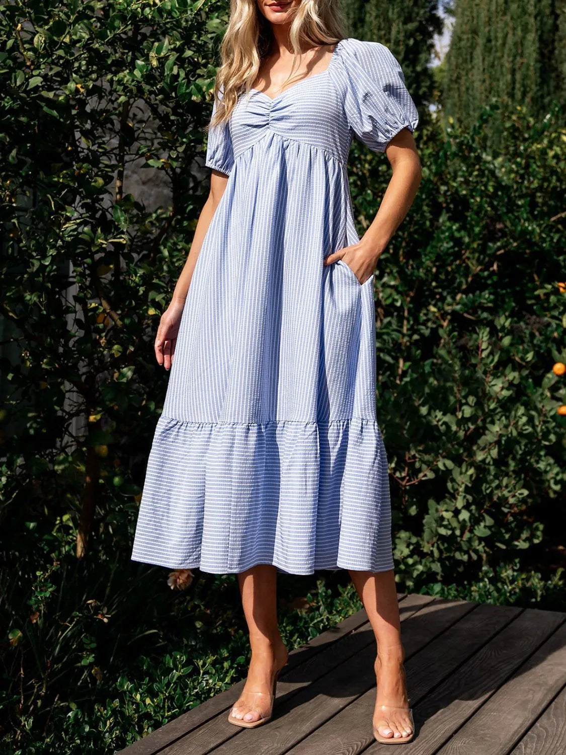 Striped Sweetheart Neck Puff Sleeve Midi Dress