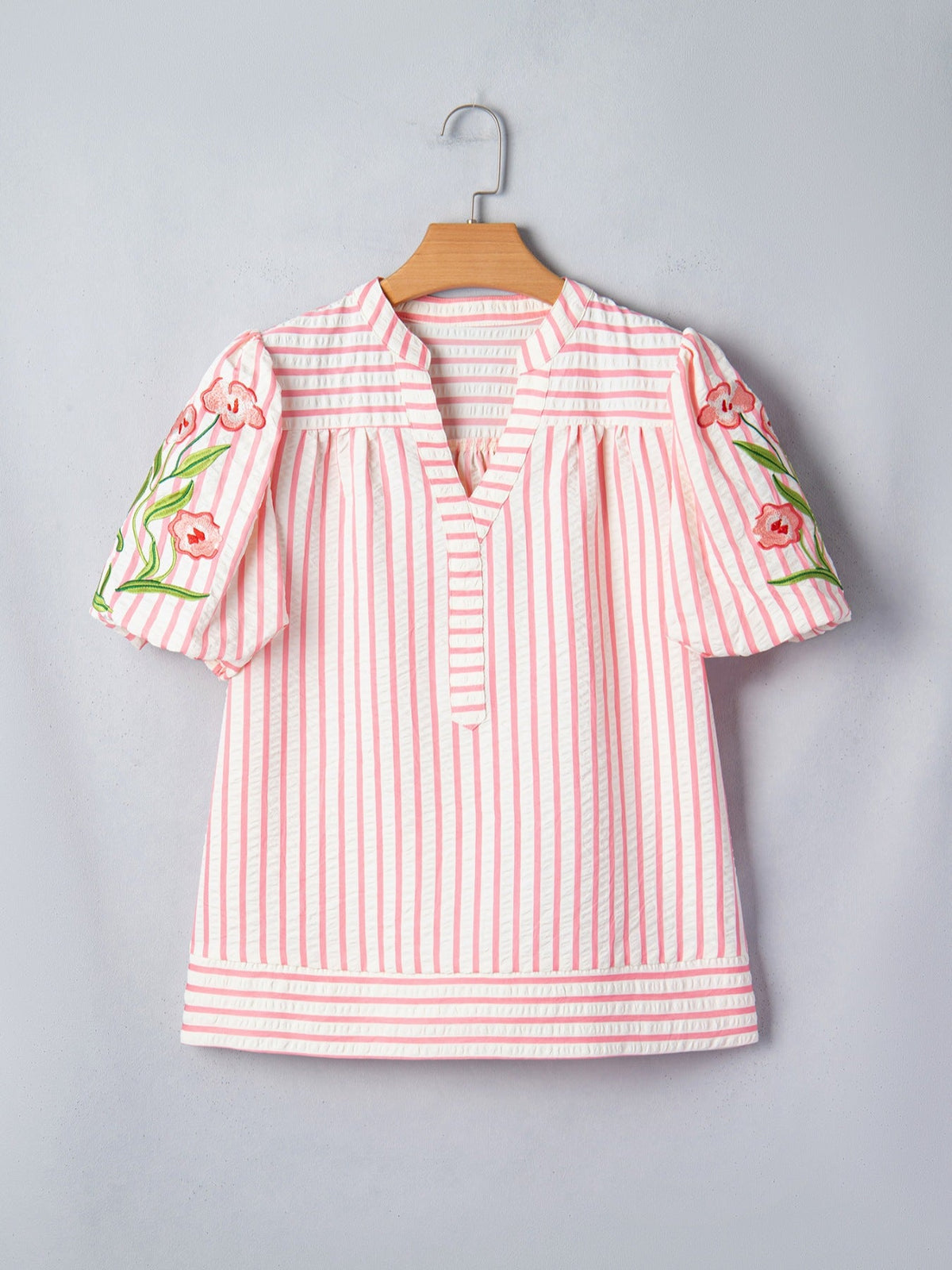 Stripe Print Floral Embroidered Puff Sleeve V Neck Blouse