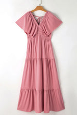 Ruffled V Neck Flutter Sleeve Maxi Dress