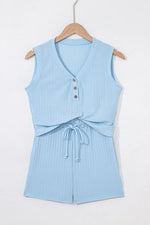 Summer Ribbed Sleeveless Drawstring Romper