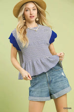Umgee Stripe Ruffle Sleeve Peplum Top