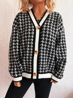 Houndstooth Pattern V-Neck Button-Up Cardigan