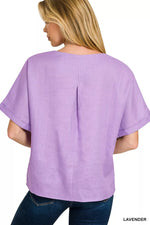 Zenana Linen Round Neck Cuffed Sleeve Top