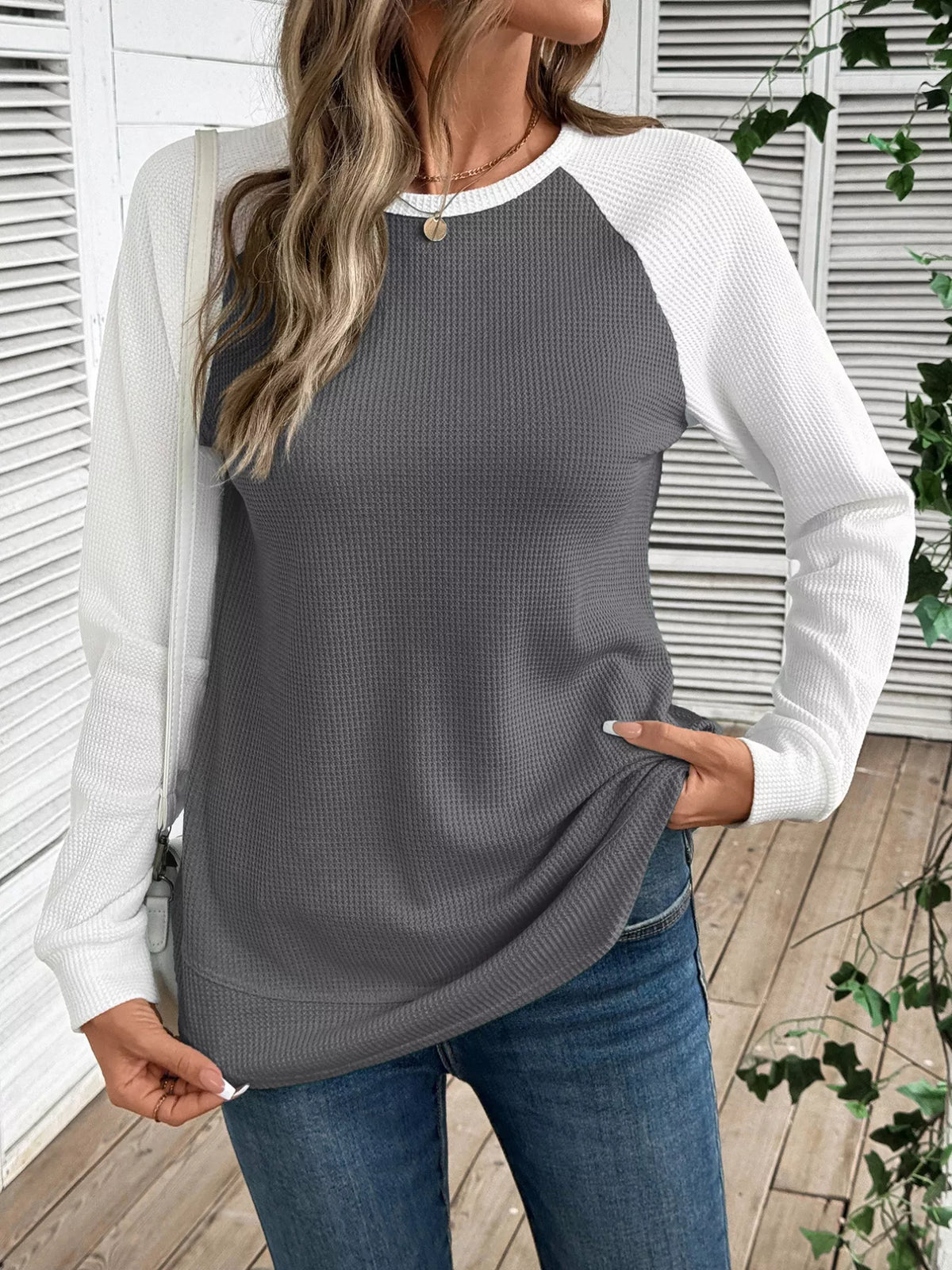 Contrast Raglan Sleeve Waffle Knit T-Shirt