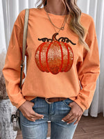 Halloween Sequined Pumpkin Ribbed Round Neck Sweatshirt