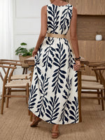 Leaf Print Sleeveless Slit Dress
