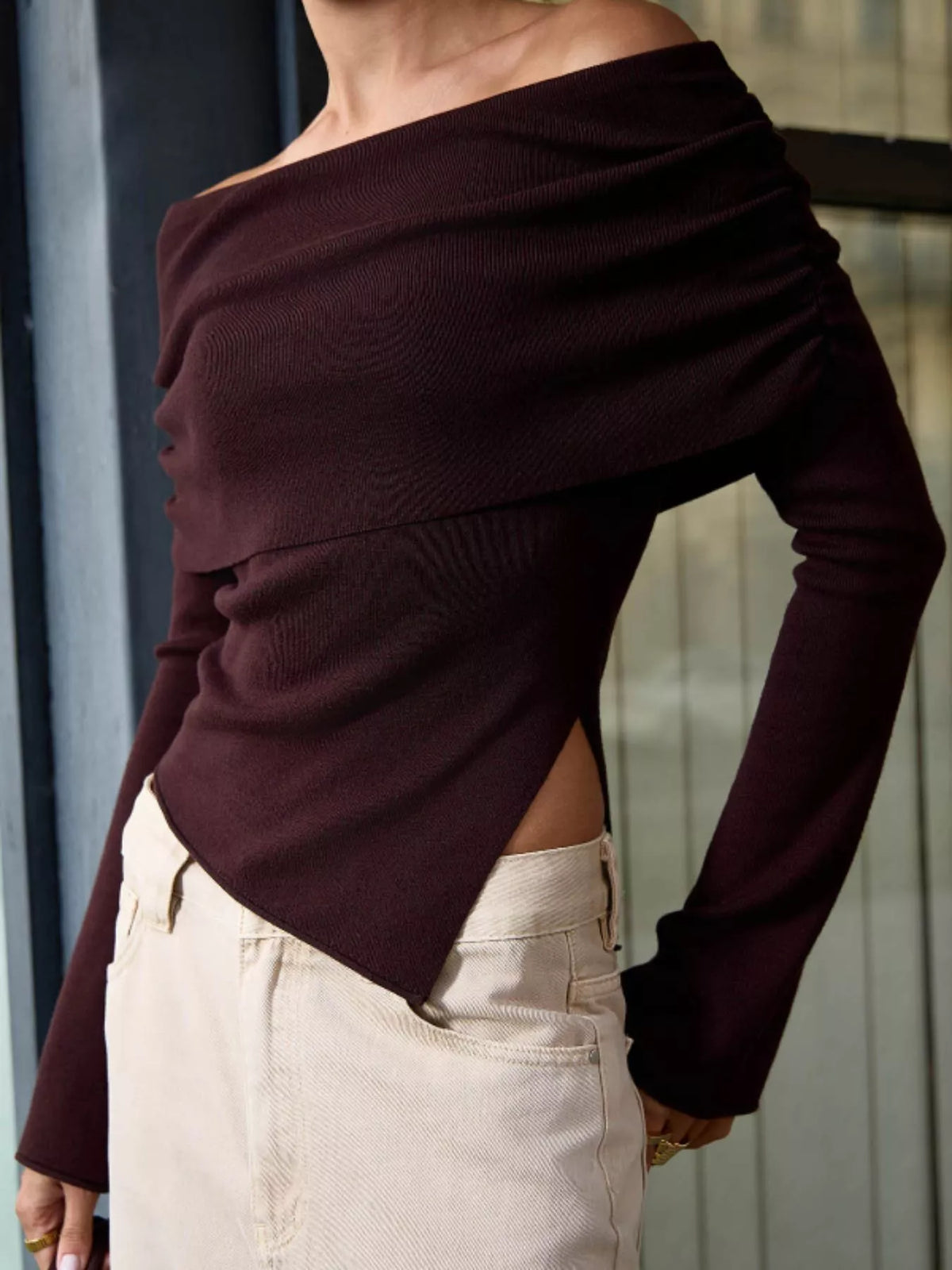 Asymmetrical Hem Off-Shoulder Long Sleeve Knit Top