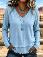 V-Neck Long Sleeve Blouse with Frayed Hem Detail