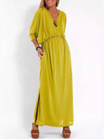 Full Size V-Neck Batwing Sleeve Maxi Dress with Side Slits Plus Size