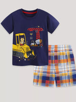 Children's Construction Vehicle Print Tee & Plaid Shorts Set