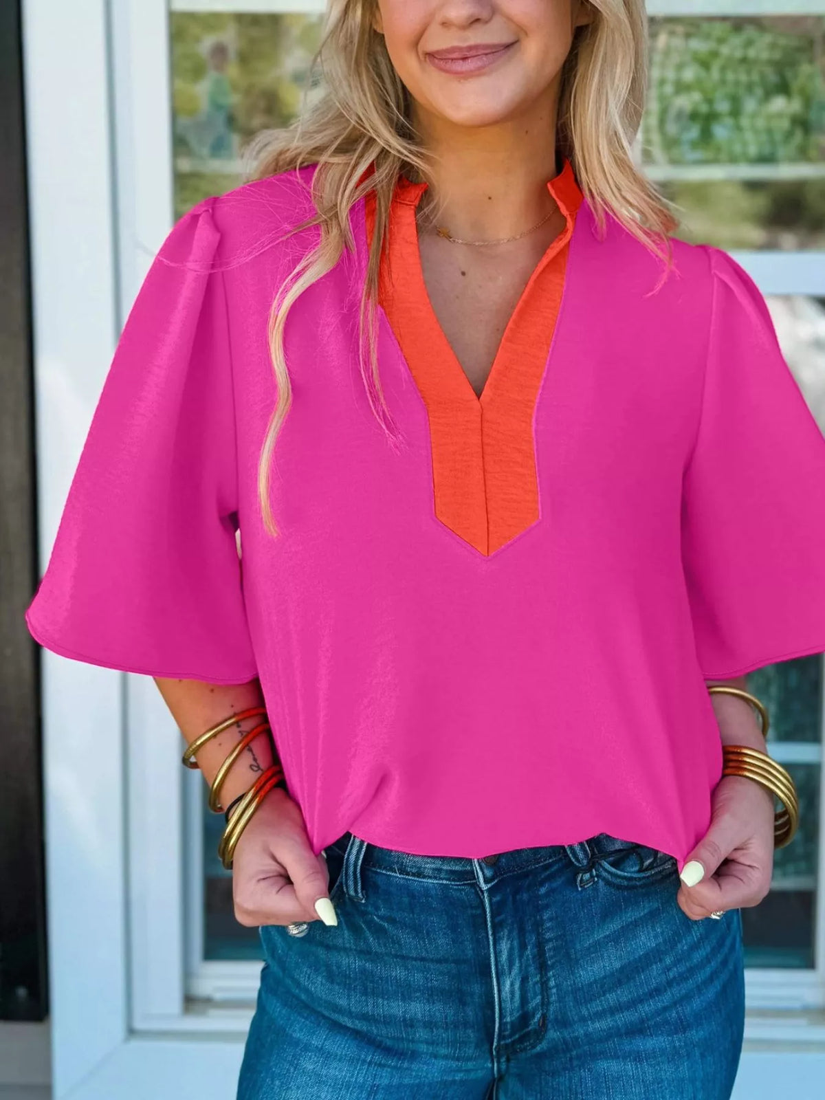 Notched Half Sleeve Blouse