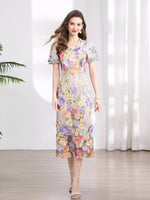 Floral Embroidered Puff Sleeve Midi Dress
