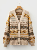 Western Pattern Knitted Button V Neck Cardigan Sweater
