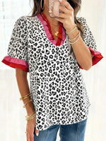 Leopard Print Frill Short Sleeve Blouse