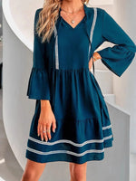 Tie-Neck Long Sleeve Mini Dress with Trim Detail