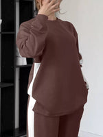 Full Size Contrast Round Neck Top and Pants Set Plus Size