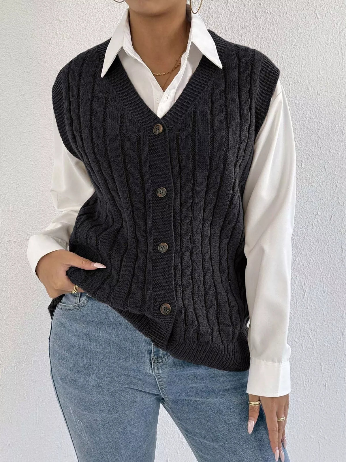 Cable-Knit Button-Up Sweater Vest