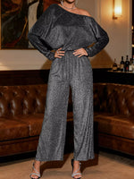 Glitter One Shoulder Long Sleeve Wide Leg Jumpsuit