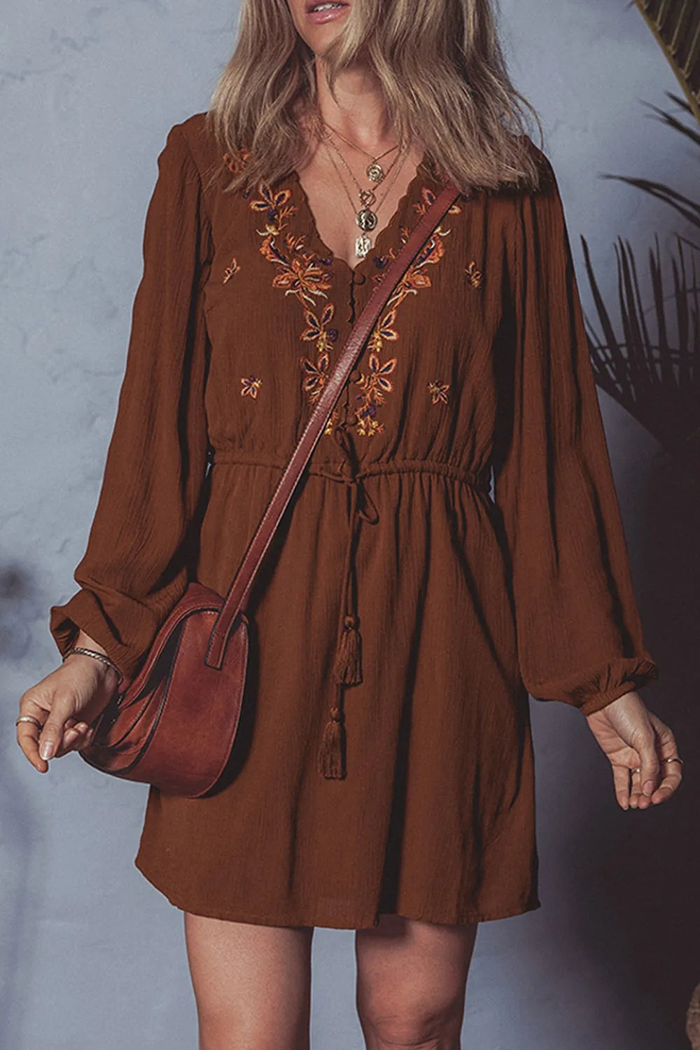 FloralEmbroidered Long Sleeve Mini Dress