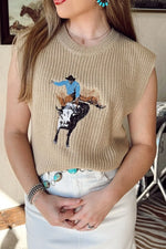 Western Cowboy Embroidery Round Neck Sleeveless Sweater