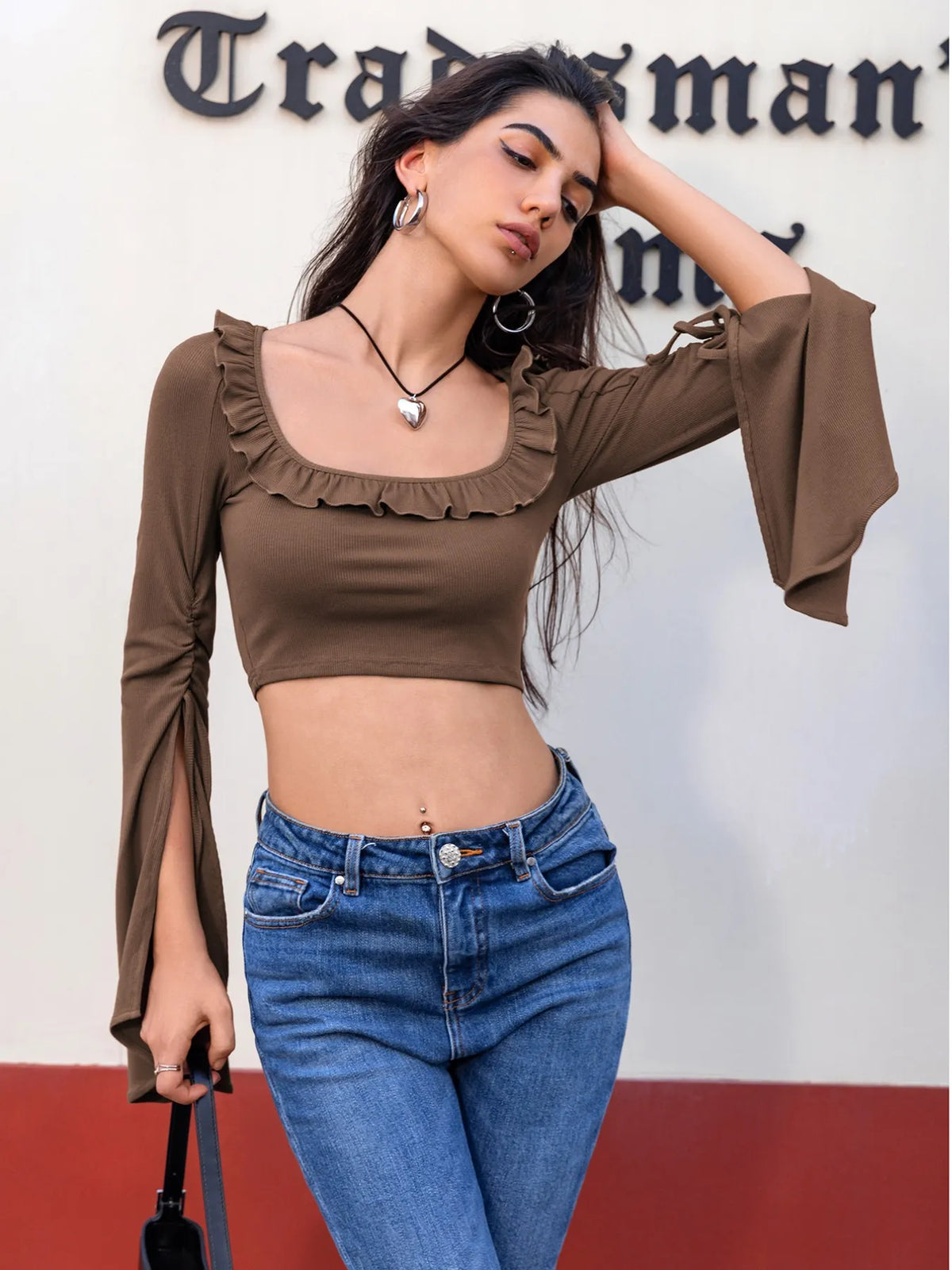 Ruffled Square Neck Long Sleeve Top