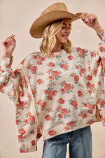 BiBi Floral Print Oversized Waffle Thermal Sweatshirt