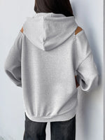 Drawstring Zip Detail Cold Shoulder Hoodie