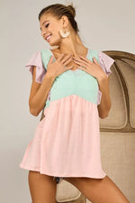 BiBi Triblend Color Block Ruffled Sleeve Babydoll Top