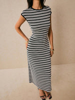 Striped Cap Sleeve Bodycon Midi Dress