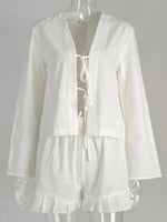 Tie Front Long Sleeve Top and Shorts Set