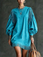 Fringe Detail Lantern Sleeve Mini Dress