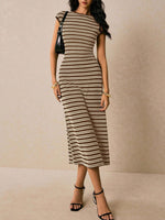 Striped Cap Sleeve Bodycon Midi Dress