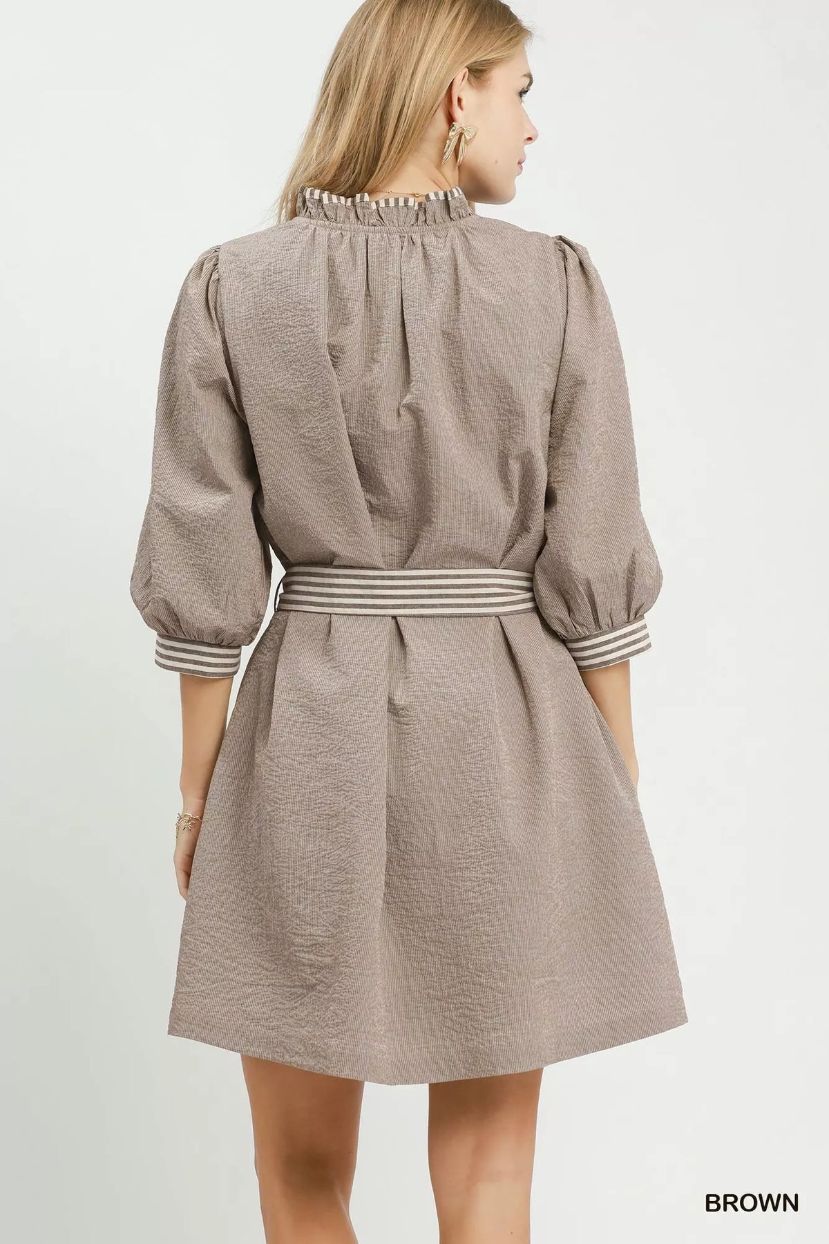 Umgee Textured Contrast Trim Tie Waist Mini Dress