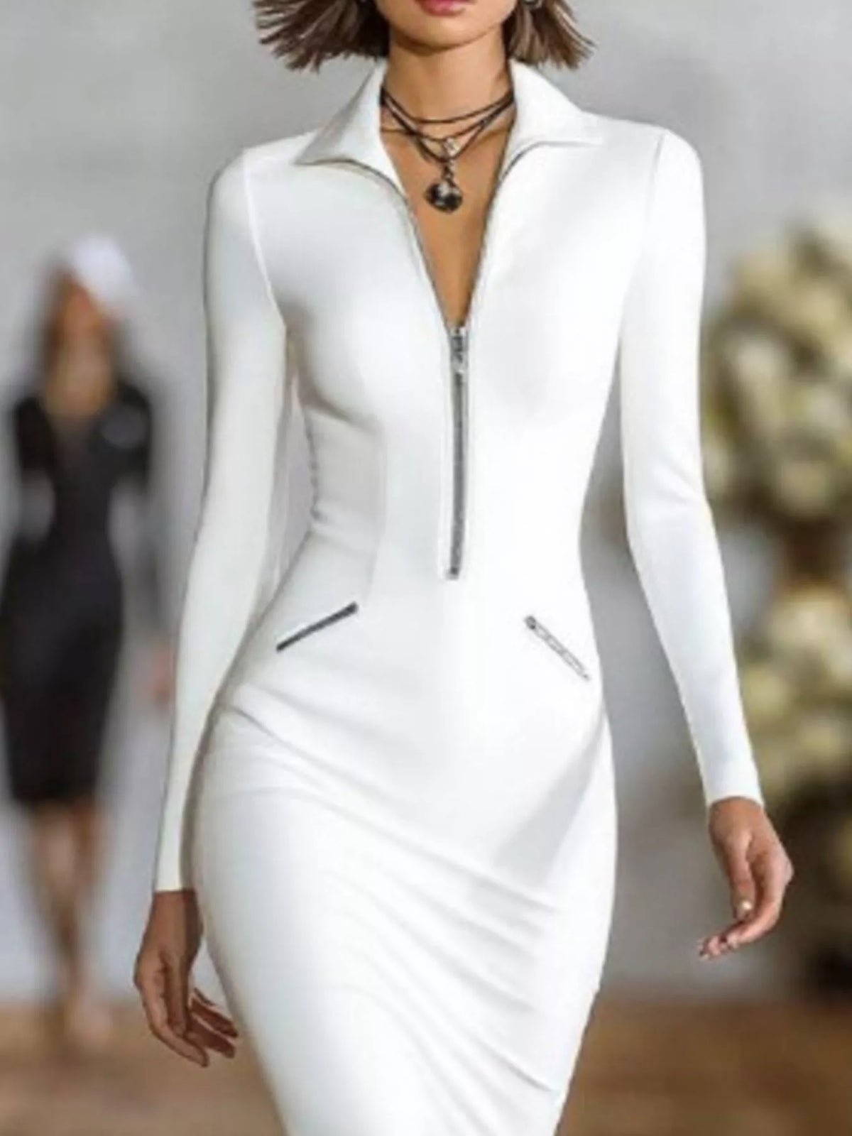 Full Size Zip-Front Bodycon Midi Dress Plus Size