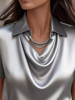 Full Size Cowl Neck Short Sleeve Satin Blouse Plus Size