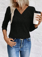 Ribbed V-Neck Long Sleeve Knit T-Shirt