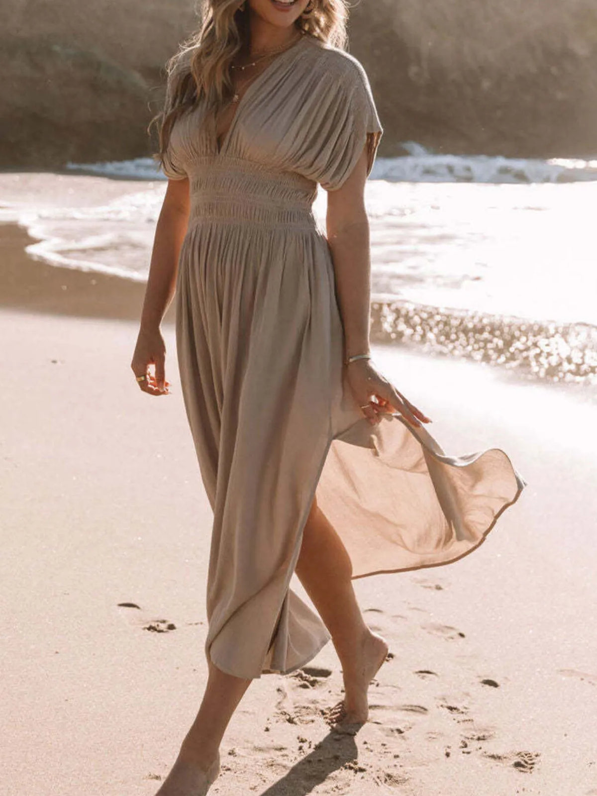 Full Size Deep V-Neck Maxi Dress with Side Slit Plus Size