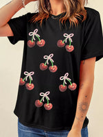 Full Size Sequin Bow Cheery Patched Valentines Tee Plus Size